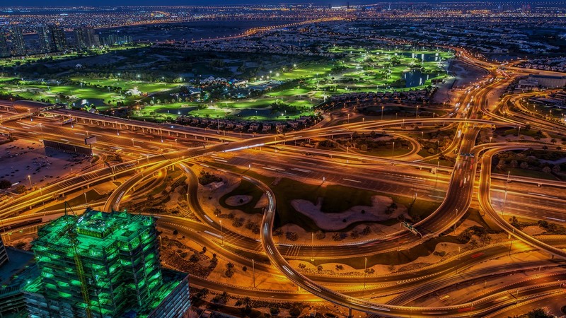 landscape, city, skyscraper, cityscape, road, highway, car, trees, night, lights, traffic lights, long exposure, crossroads, Dubai, United Arab Emirates