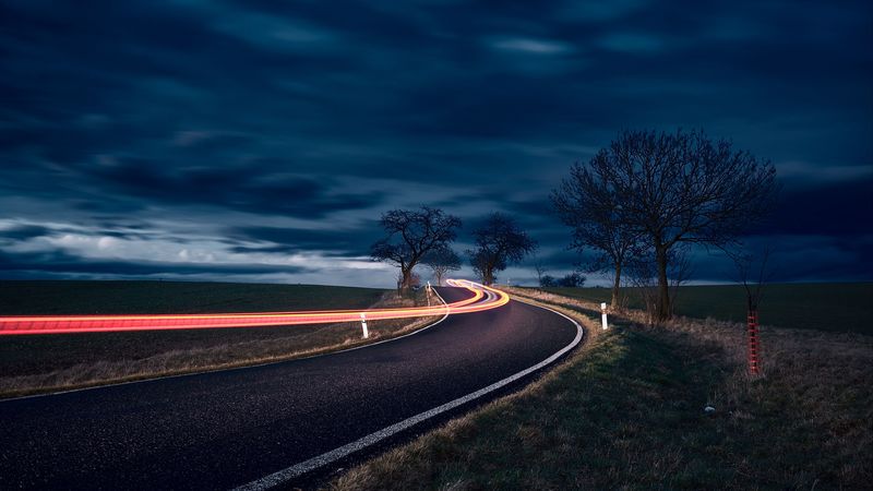 road, long exposure, turn, night, trees, sky, 4k