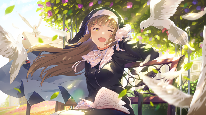 Nijisanji, wink, yellow eyes, long hair, nun, feathers, books, gloves, brunette, Virtual Youtuber