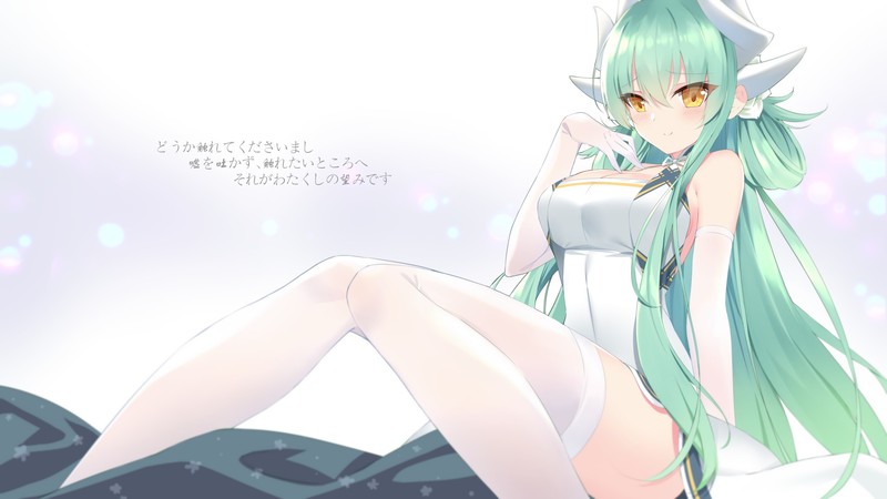 Kiyohime (Fate/Grand Order), green hair, long hair, yellow eyes, pantyhose, thigh-highs, blush, cleavage, elbow gloves, horns