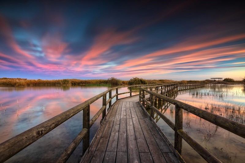 sky, nature, landscape, outdoors, clouds, wooden walkway