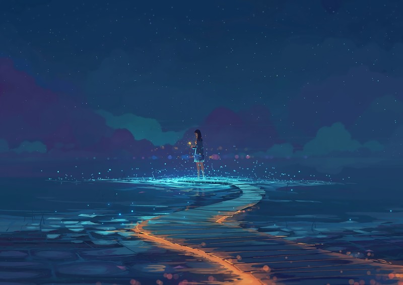 anime girls, path, sky, dark, anime, outdoors