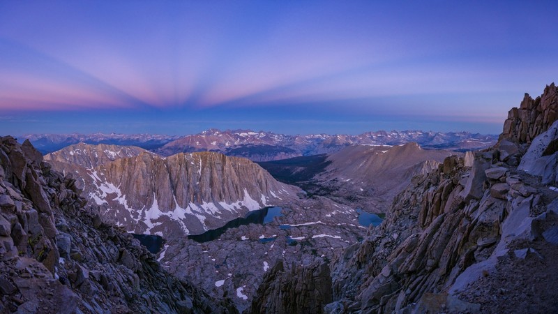 landscape, mountains, lake, snow, sun rays