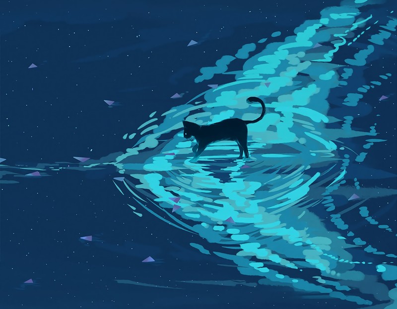 cats, water, digital art, glowing, black cats
