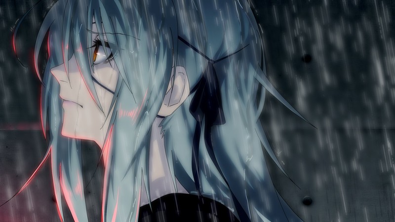 blue hair, anime girls, eye patch, rain, anime