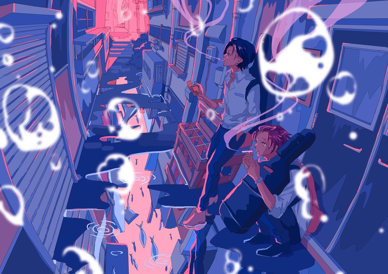 anime, anime boys, landscape, bubble, musical instrument, guitar, smoking