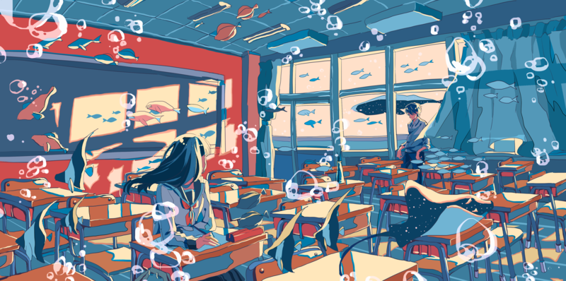 anime, landscape, bubble, classroom, school uniform, fish