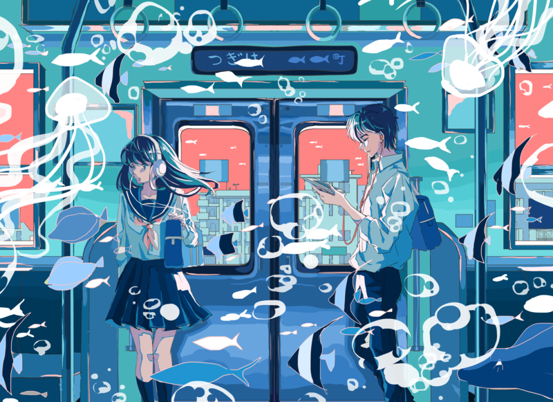 anime, landscape, train, school uniform, headphones, bubble, fish