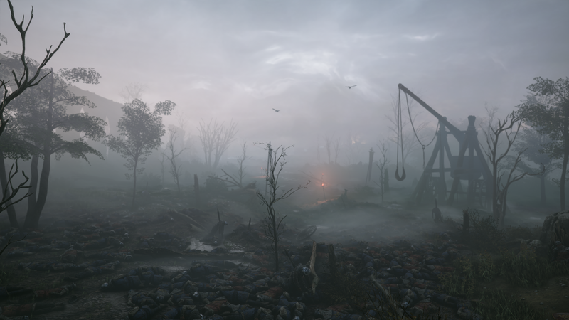 A Plague Tale Innocence, PC gaming, screen shot, death, trebuchet, torches, trees, birds