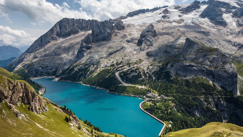 nature, landscape, lake, water, mountains, trees, forest, rocks, snow, village, dam, sky, clouds, road, Dolomites (mountains), Italy