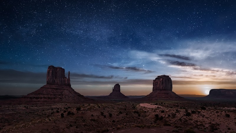nature, landscape, rocks, plants, canyon, stars, night, clouds, sky, horizon, mountains, valley, Monument Valley, Moon, Arizona, USA