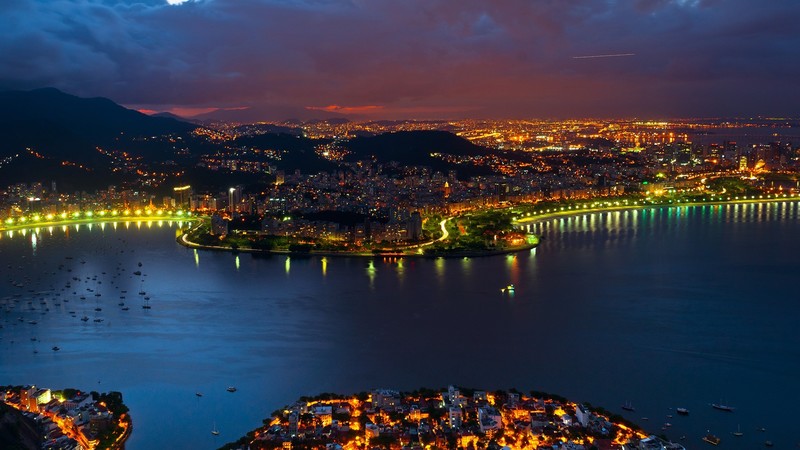 city, cityscape, night, skyscraper, boat, lights, coast, clouds, mountains, road, aerial view, drone photo, Rio de Janeiro, Brazil