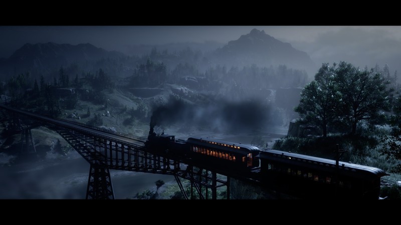 Red Dead Redemption 2, train, screen shot, PC gaming, bridge, water, trees