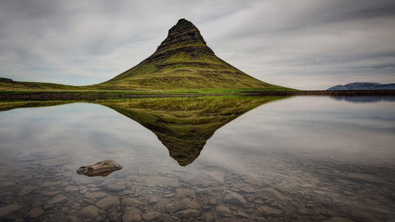 nature, landscape, mountains, sky, clouds, clear water, grass, rocks, water, Monsoon, lake, Kirkjufell, reflection, Iceland