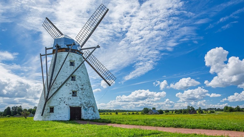 plants, nature, landscape, trees, house, clouds, sky, path, windmill, Estonia, window