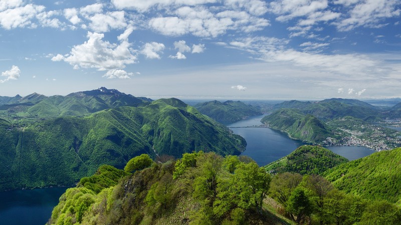 nature, landscape, sky, clouds, trees, forest, plants, town, horizon, river, mountains, Switzerland
