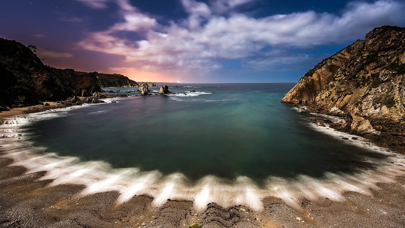 nature, landscape, mountains, sky, clouds, night, long exposure, sand, trees, rocks, beach, coast, lights, stars, Spain, Playa Del Silencio