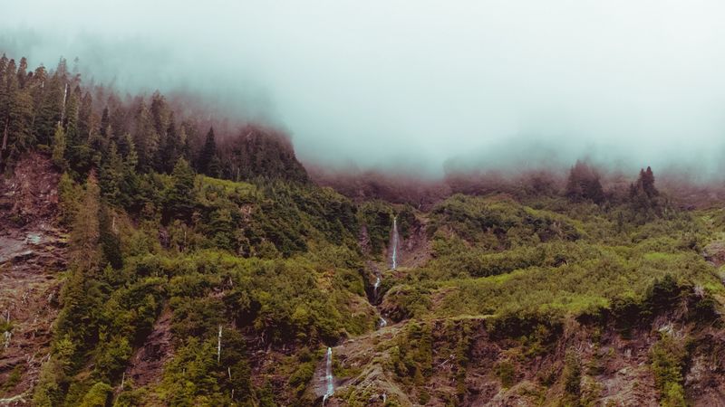 waterfall, mountain, cliff, fog, sky, 4k