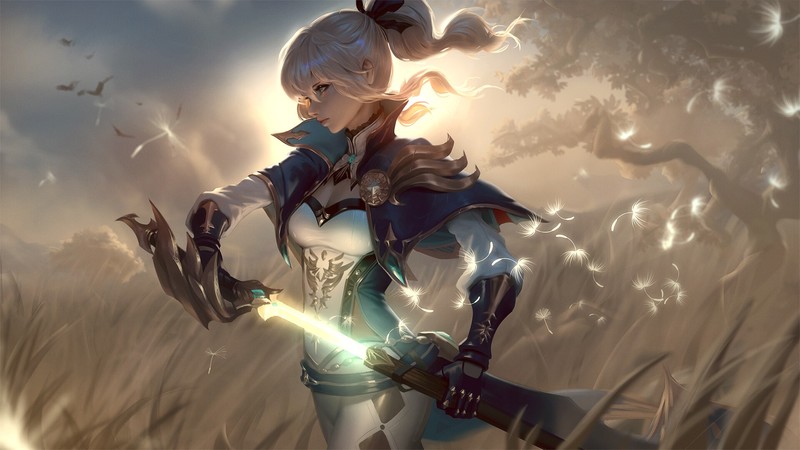 artwork, illustration, digital art, women, fantasy art, fantasy girl, anime, anime girls, video games, Genshin Impact, blonde, magic, sword, ponytail, Sean Tay, raikoart