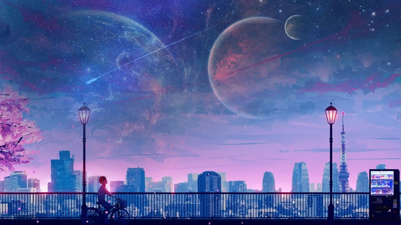 anime, Tokyo Tower, lantern, planet, shooting stars, cityscape, sakura (tree), vending machine