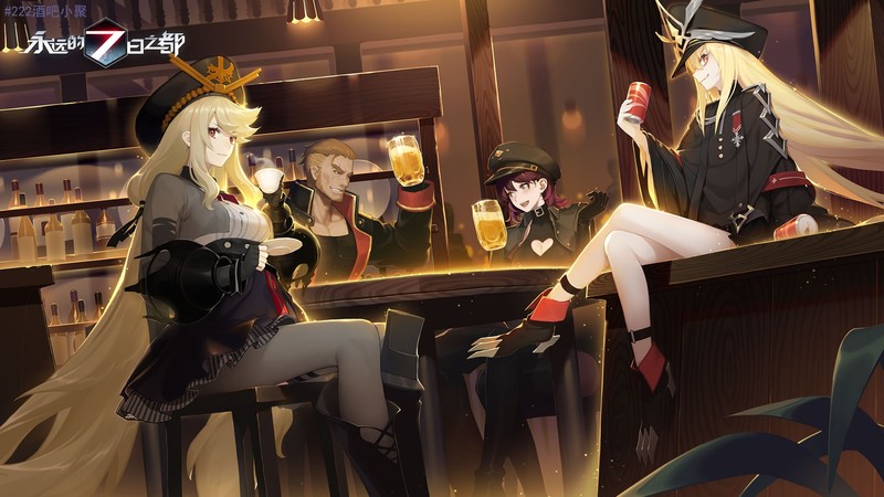 Forever 7th Capital, anime, blonde, long hair, anime girls, beer, legs crossed, uniform
