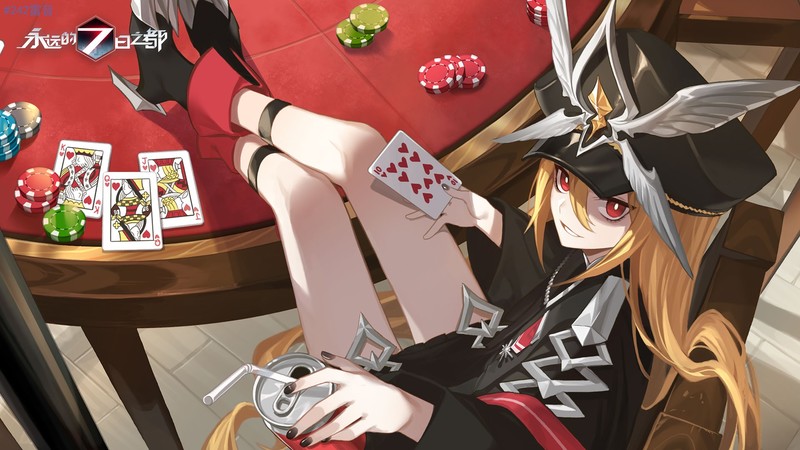 Forever 7th Capital, anime, anime girls, playing cards, red eyes, blonde, legs