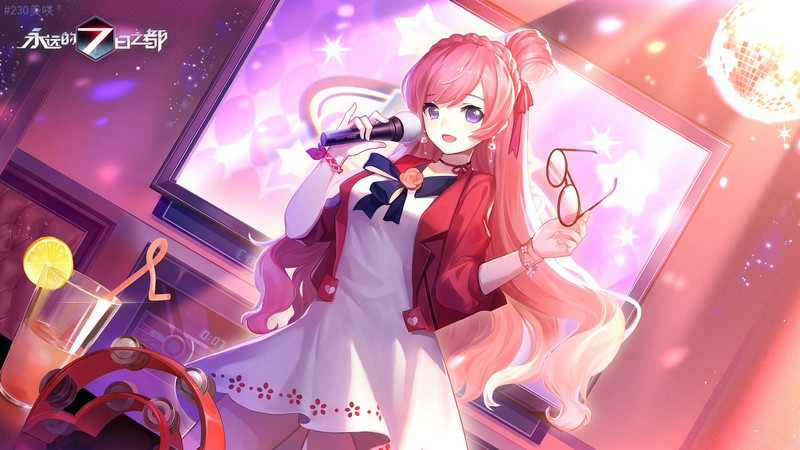 Forever 7th Capital, anime, anime girls, singer, microphone, redhead, purple eyes, glasses, long hair