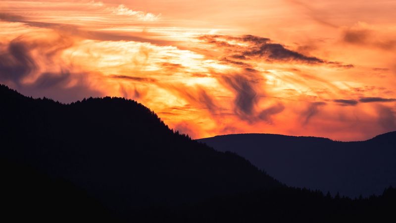 mountain, trees, sunset, outlines, clouds, 4k