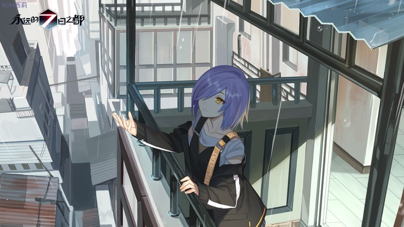 Forever 7th Capital, anime, anime girls, city, urban, yellow eyes, purple hair, balcony