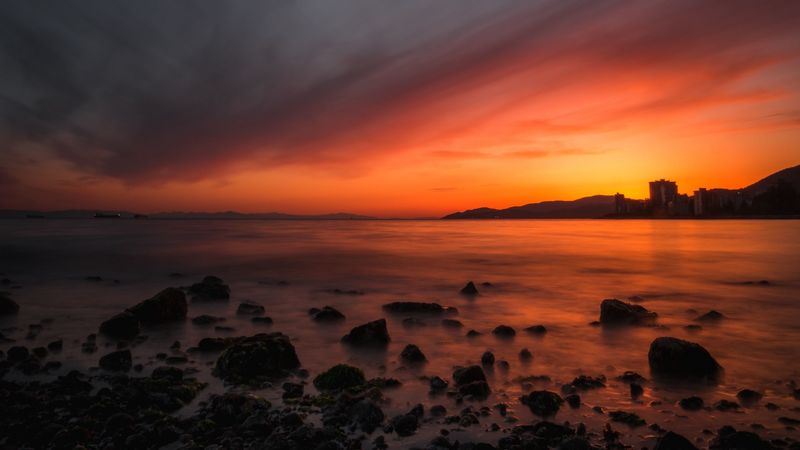 sea, sunset, stones, horizon, sky, coast, 4k