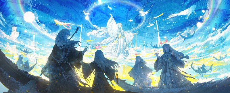 clear sky, rainbows, anime, anime girls, fantasy art