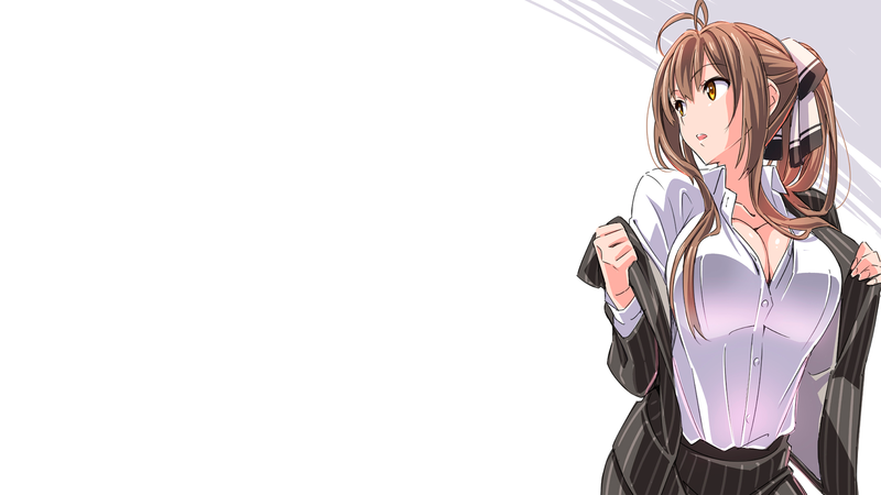 anime, anime girls, simple background, Amagi Brilliant Park, Sento Isuzu, big boobs, schoolgirl, cleavage, ponytail, looking away