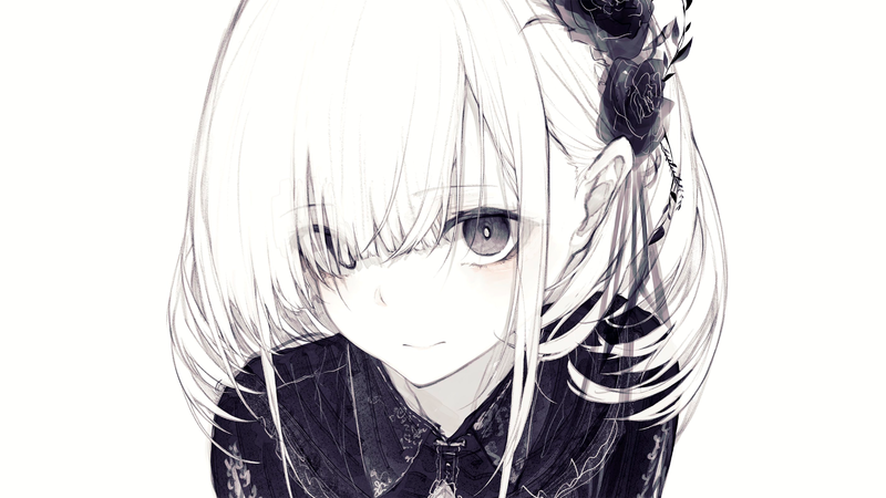 anime, anime girls, simple background, looking at viewer, monochrome, white hair, lace, gray eyes