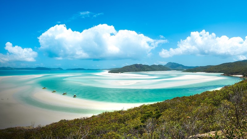 nature, landscape, beach, coast, trees, forest, boat, people, sand, water, mountains, sky, clouds, Queensland, Australia