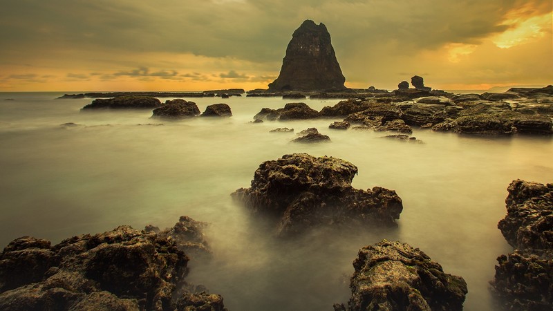 nature, landscape, rocks, clouds, sky, horizon, sunset, long exposure, water, Papuma Beach, Java (island), Indonesia, beach