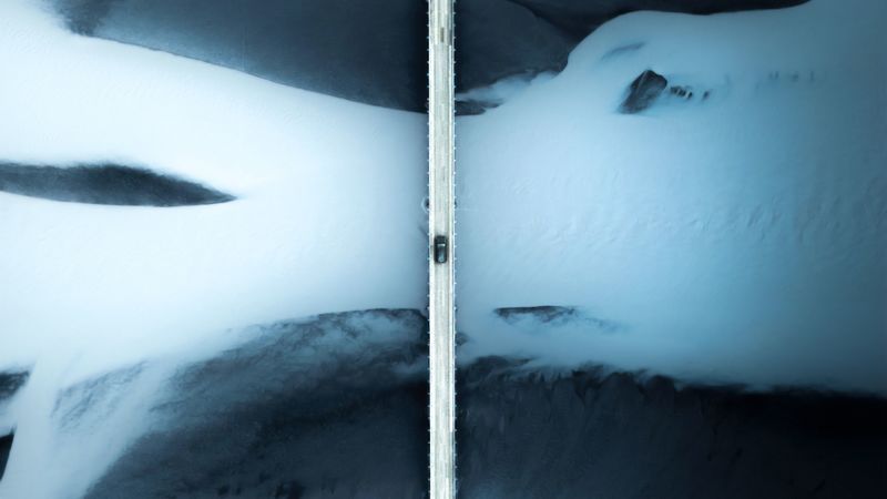 road, car, aerial view, ice, 4k