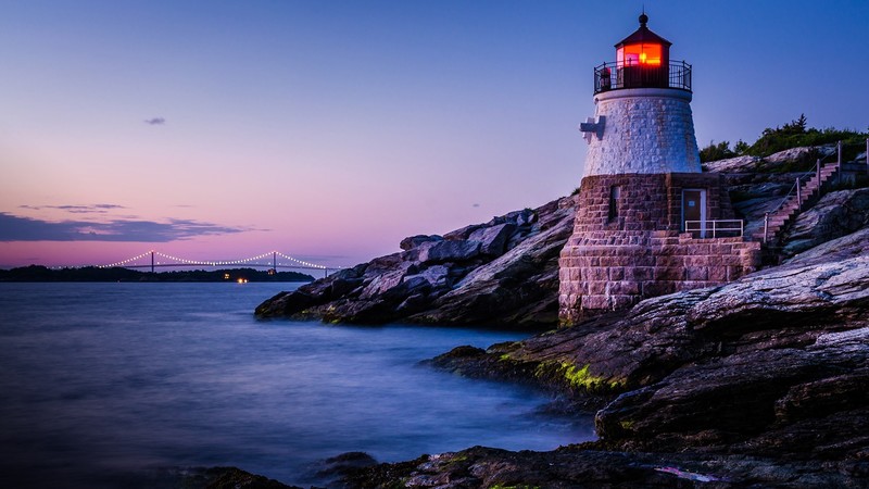nature, landscape, long exposure, light house, rocks, moss, bridge, water, river, ladders, clouds, sky, Rhode Island, USA, Castle Hill Lighthouse