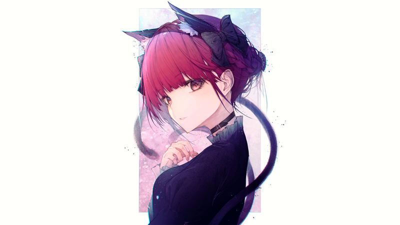 anime, anime girls, simple background, Touhou, Kaenbyou Rin, animal ears, redhead, nekomimi, looking at viewer