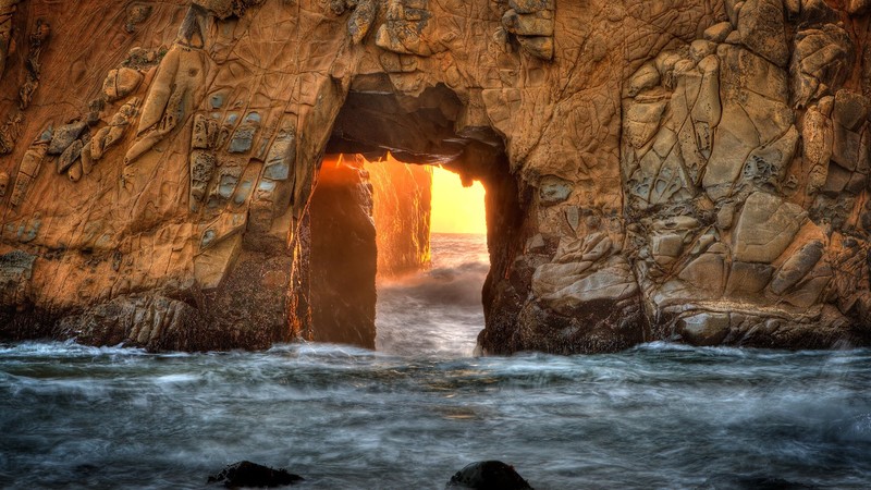 nature, landscape, mountains, cave, sunlight, long exposure, waves, rocks, horizon, sea, Big Sur, California, USA, Keyhole
