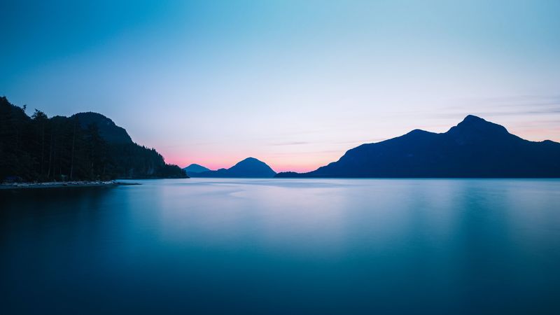 sea, sunset, hills, horizon, sky, 4k
