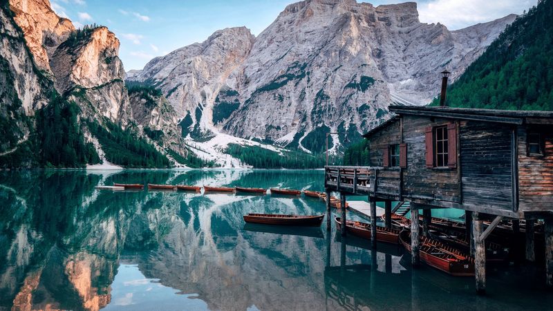 lake, mountains, house, boats, landscape, travel, 4k