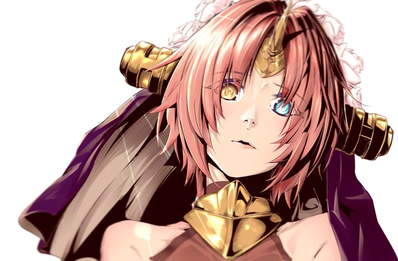 Fate Series, FGO, Fate/Apocrypha, anime girls, monster girl, heterochromia, 2D, horns, wedding dress, open mouth, short hair, redhead, fan art, looking at viewer, simple background, Berserker of Black, Frankenstein (Fate/Apocrypha), blue eyes, yellow eyes, flower crown, anime
