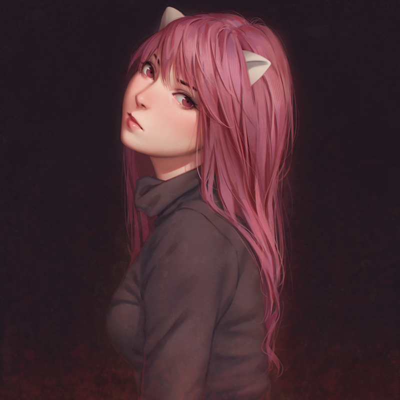 Elfen Lied, anime girls, monster girl, small boobs, 2D, long hair, fan art, horns, Nyu, Lucy (Elfen Lied), anime