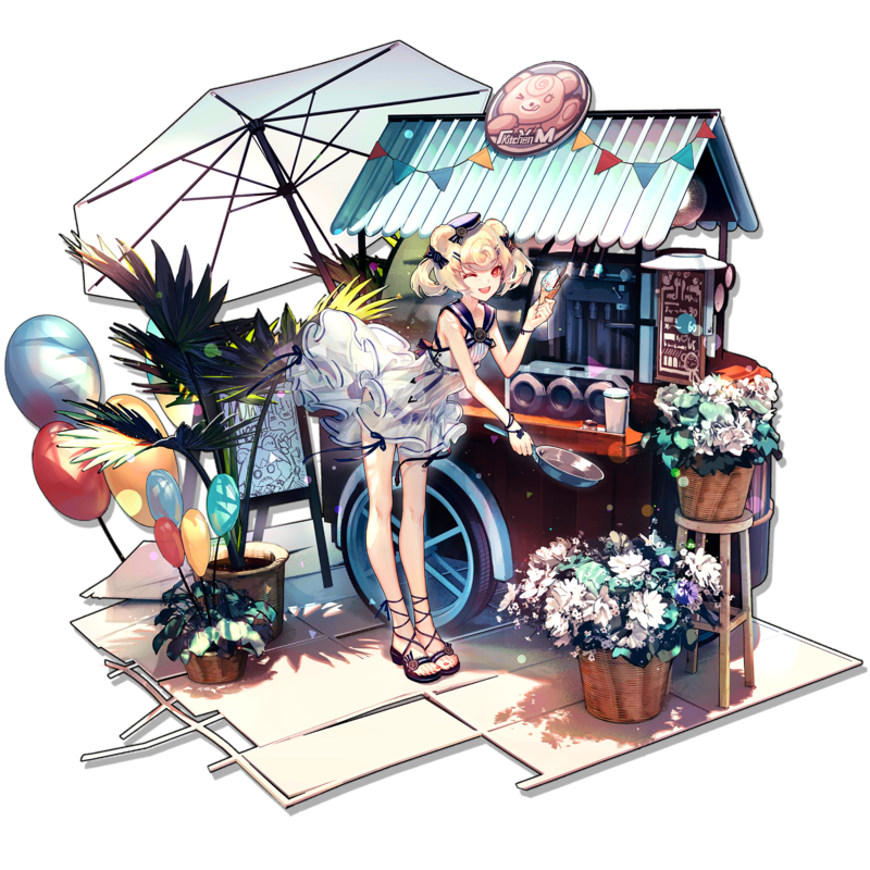Arknights, anime, ice cream, balloon, sunshade, plants, see-through clothing, flowers, sailor outfit, sandals, see-through dress, billboards, Pan (Cooking), graffiti, Gum(Arknights)