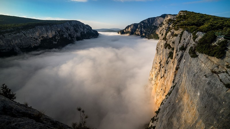 nature, landscape, plants, trees, forest, clouds, mountains, sky, mist, Verdon Gorge, France