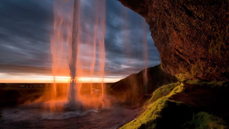 nature, landscape, clouds, waterfall, water, sunset, horizon, moss, cave, car, Iceland, Seljalandsfoss Waterfall