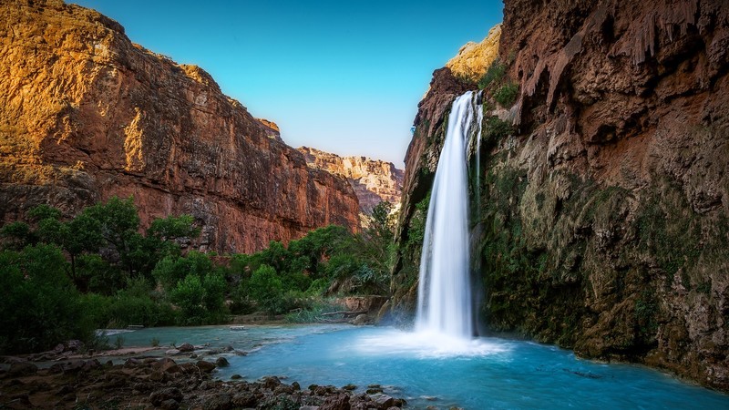 nature, mountains, valley, landscape, water, rocks, waterfall, trees, sky, plants, clear sky, Havasupai falls, Arizona, USA, Grand Canyon