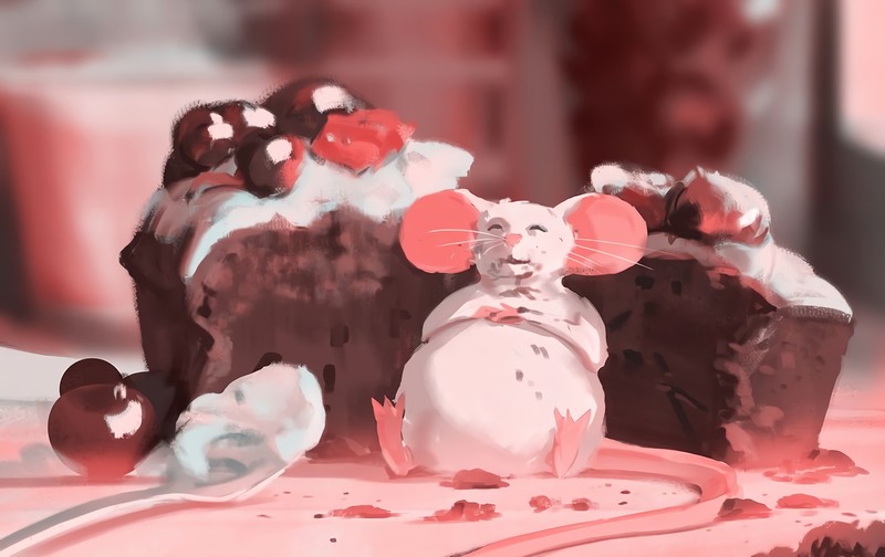 digital art, artwork, mice, mouse ears, stuffed animal, animals, cake, food, Atey Ghailan, cherries