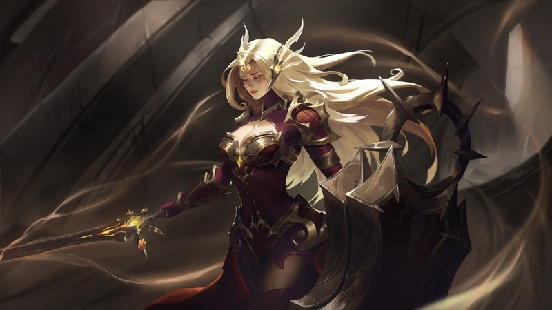 drawing, League of Legends, Leona (League of Legends), women, blonde, long hair, wind, hair accessories, Paladin, closed eyes, armor, glowing, weapon, sword, shield, spell