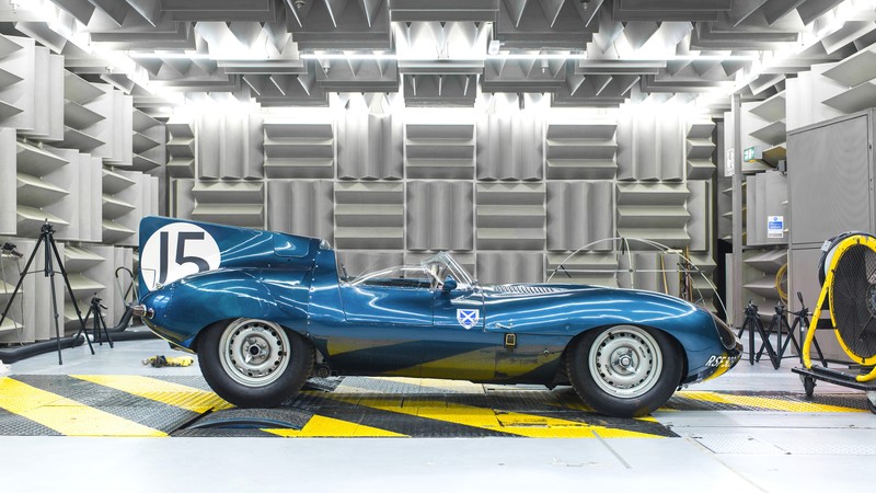 Jaguar, Jaguar D-Type, old car, classic car, race cars, blue cars, side view, anechoic chamber, Oldtimer, oldtimers, dyno test, Jaguar (car)
